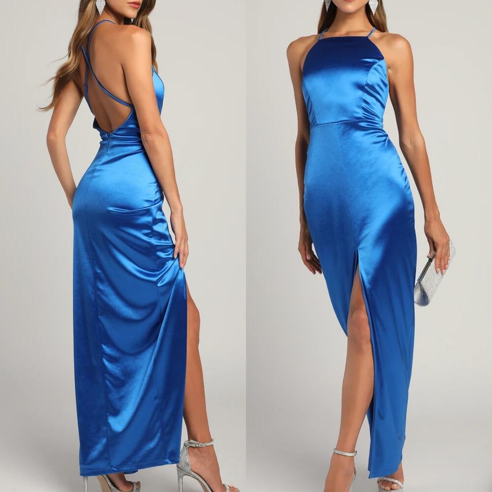 Lulu's Blue Backless Dress Satin NWT